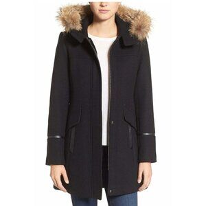 $600 Trina Turk Riley Wool blend Genuine Coyote Fur Trimmed Duffel Coat black 2